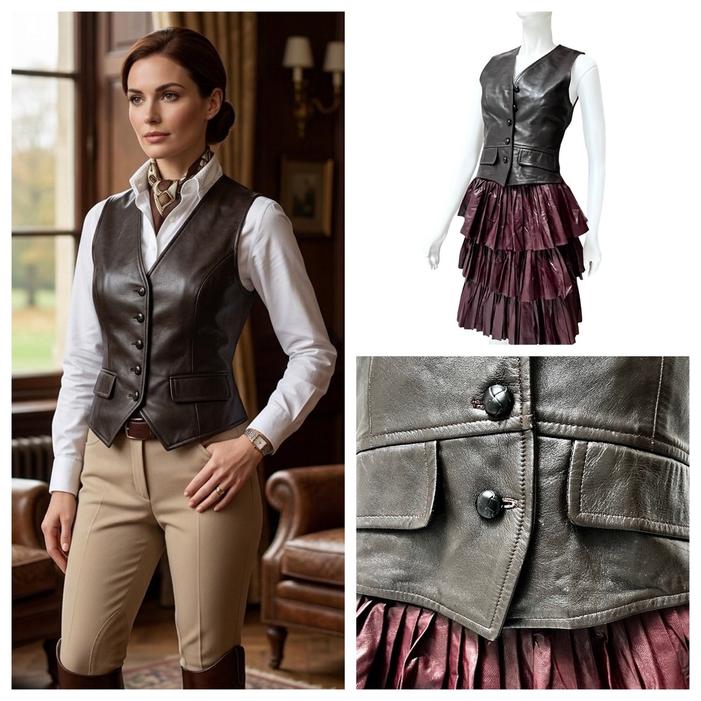 VTG Shari's Place Brown Leather Vest Equestrian Old Money‎ Preppy Tailored 4 USA